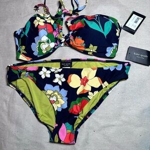 Kate Spade Navy and Green Floral Bikini Large Halter Top High Cut Bottom New